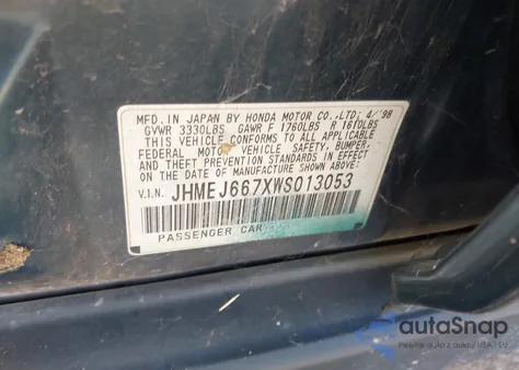 1998 Honda Civic Lx из США, поврежденный, VIN JHMEJ667XWS013053